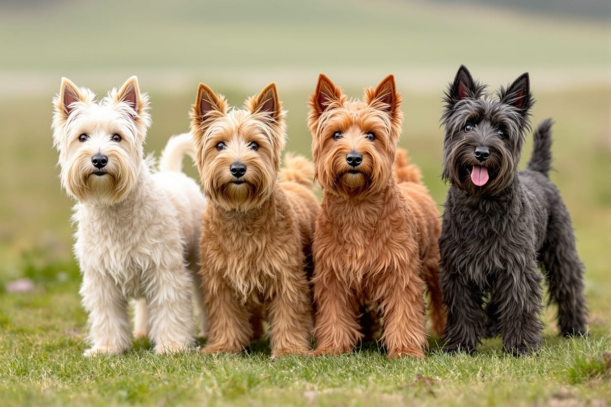 Four Cairn Terriers in cream, wheaten, red and dark brindle showing the breed's colour range