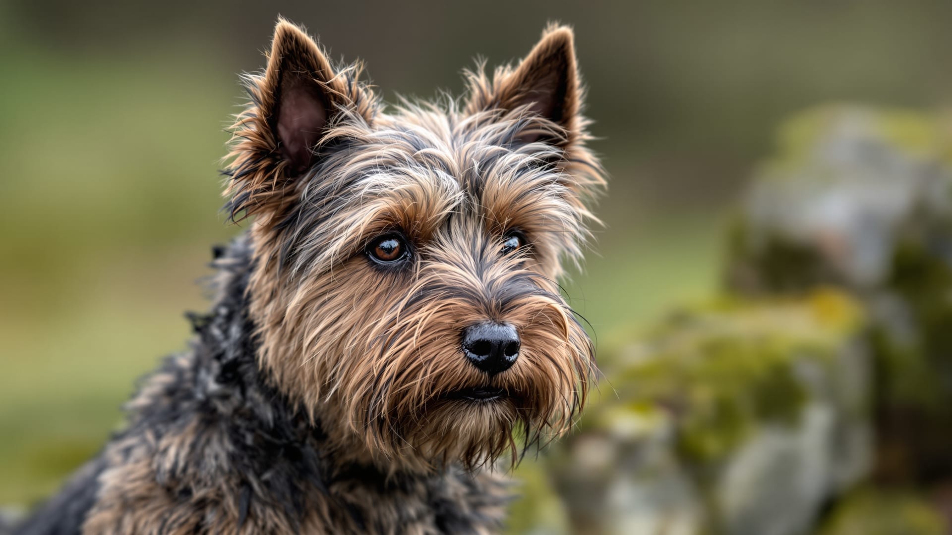 Three-quarter portrait of a brindle Cairn Terrier showing its harsh shaggy double coat
