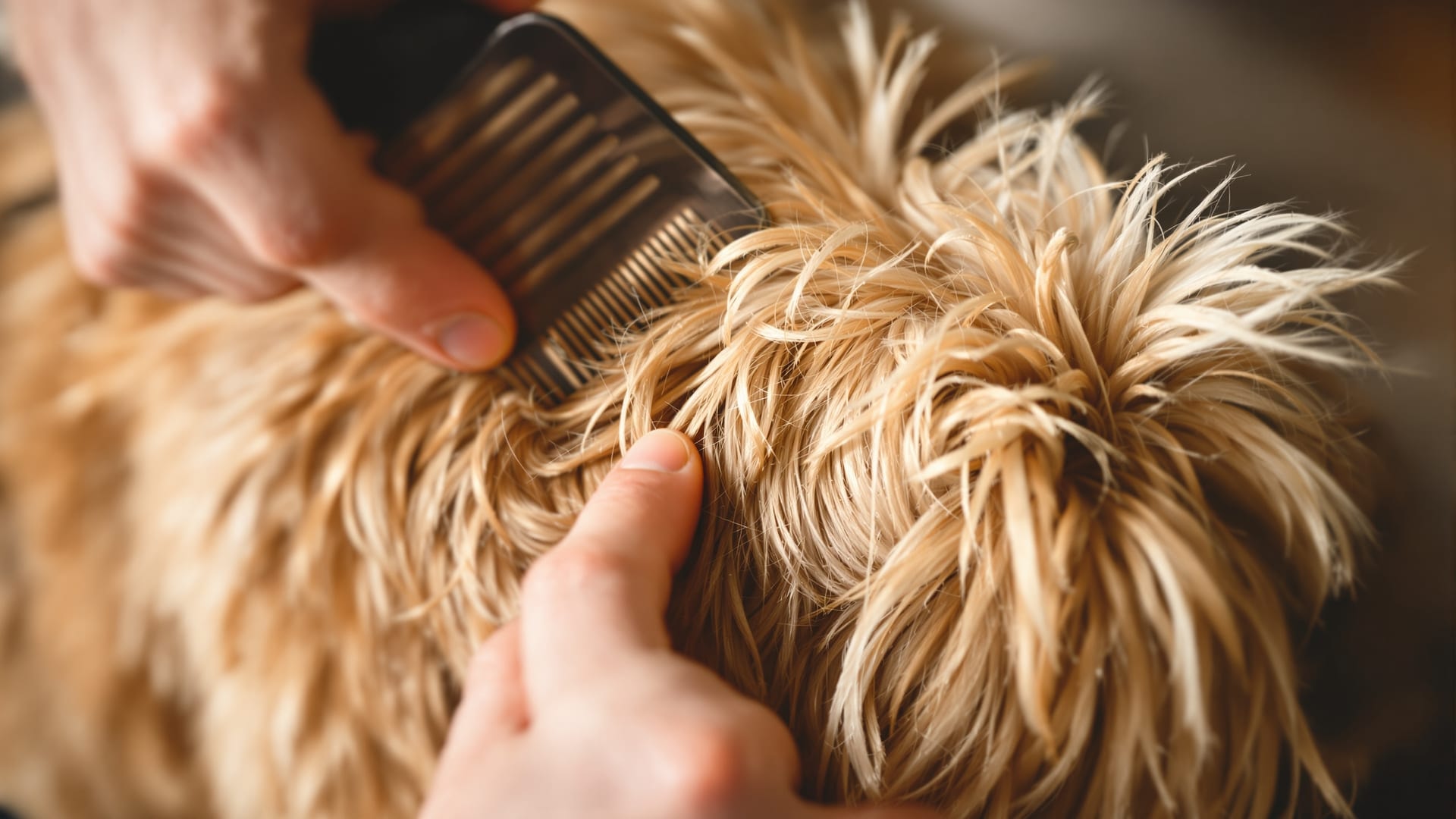 Hands combing through the harsh wiry outer coat of a wheaten Cairn Terrier