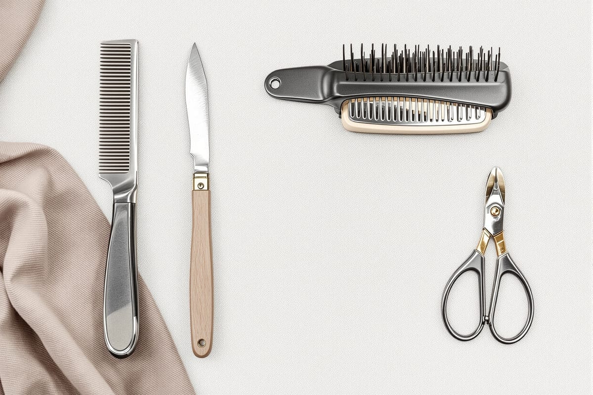 Grooming tools for a harsh-coated terrier laid out on linen
