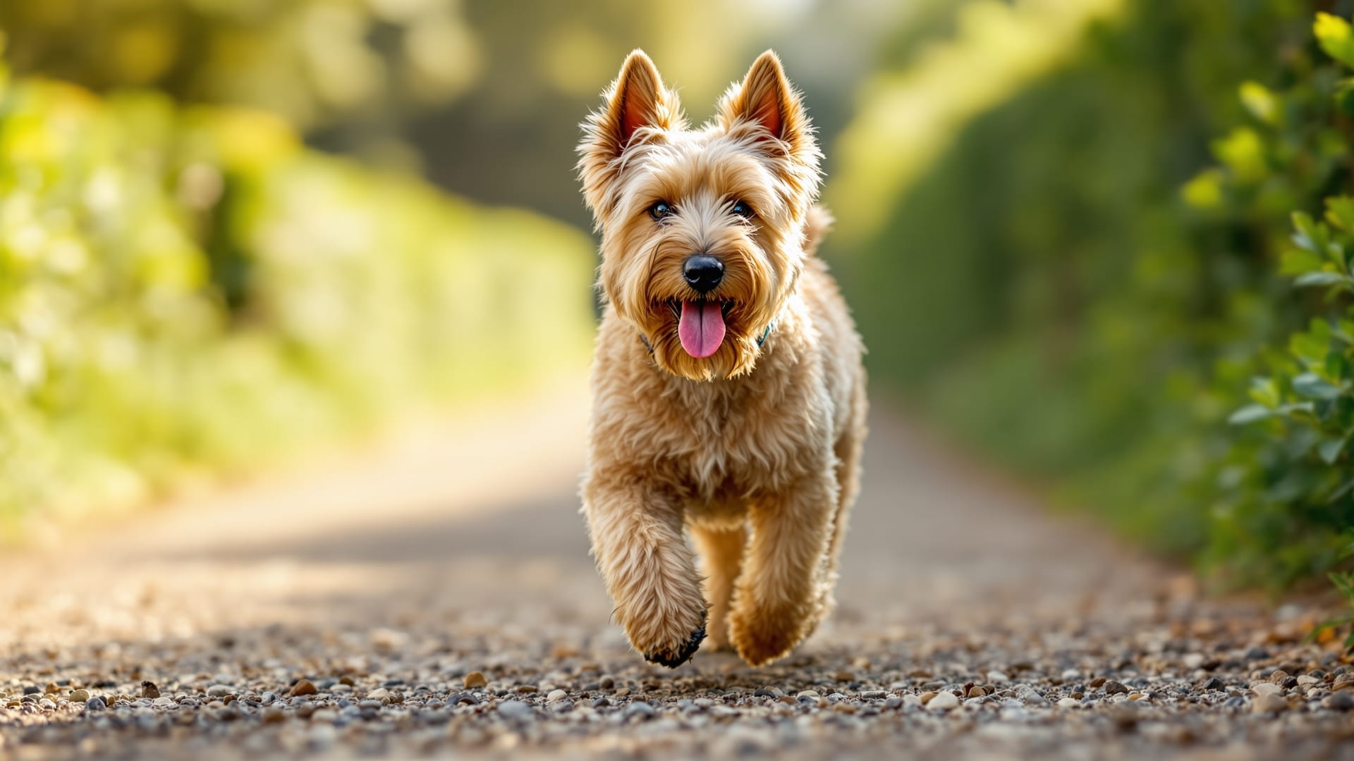 A trim, well-conditioned Cairn Terrier trotting along a path in morning light