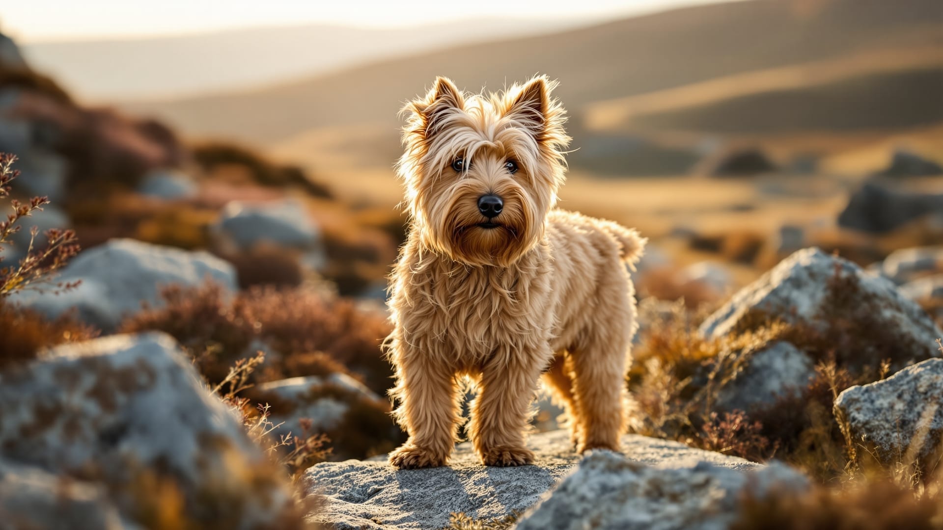 A wheaten Cairn Terrier standing alert on weathered Highland stones at golden hour