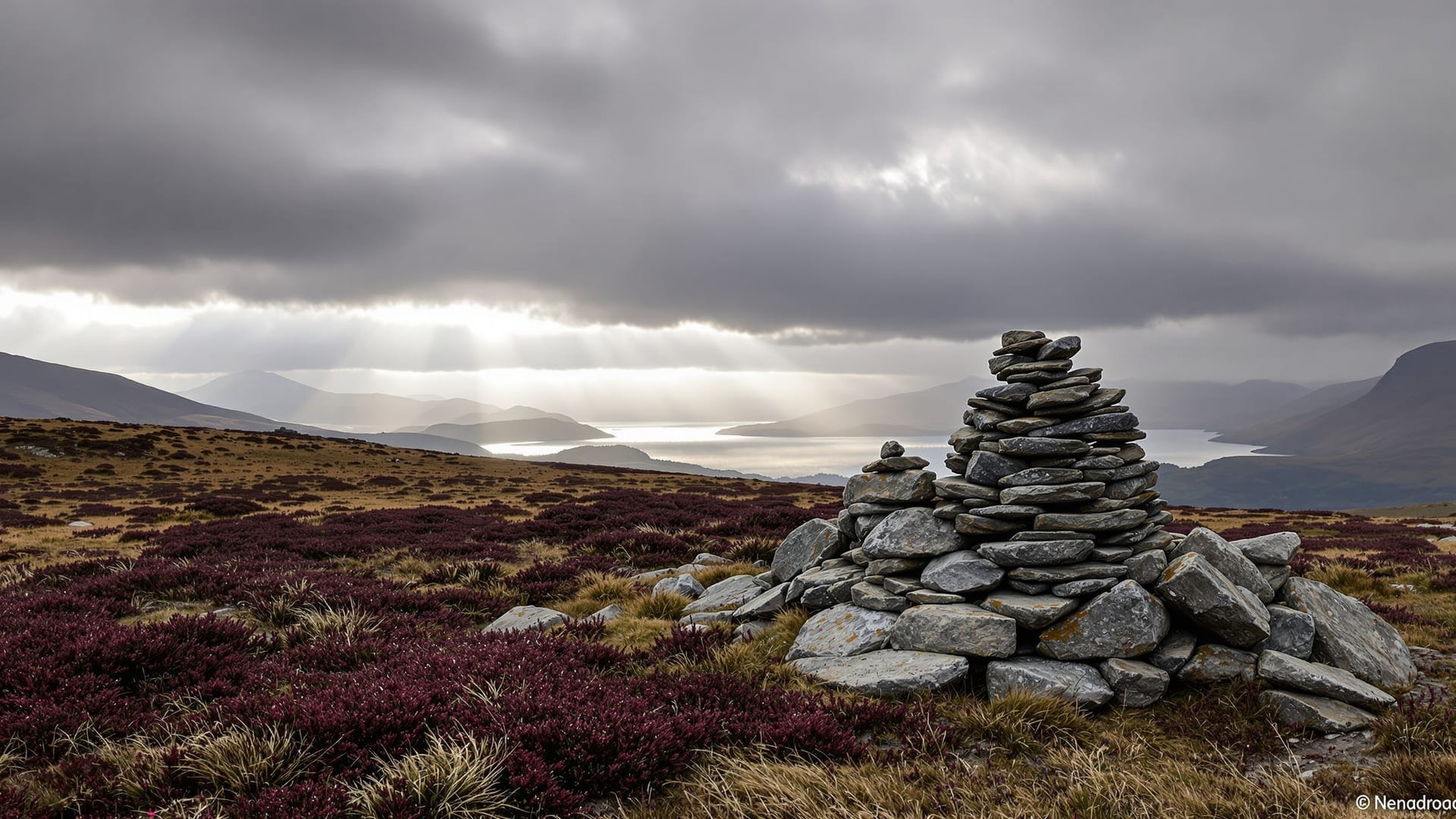 A dry-stone cairn on a Scottish Highland hillside among heather