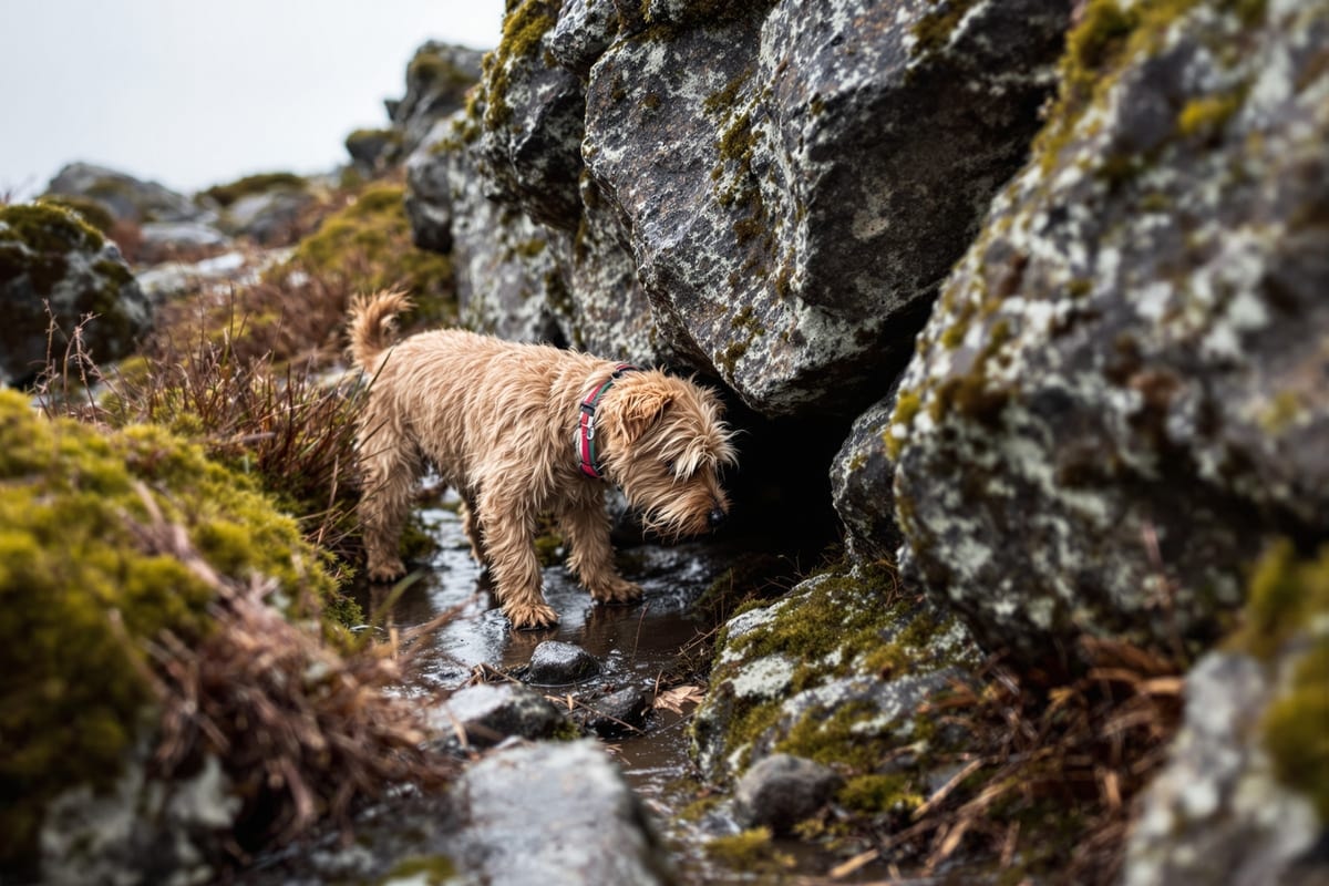 A small shaggy terrier working a gap between boulders on a hillside