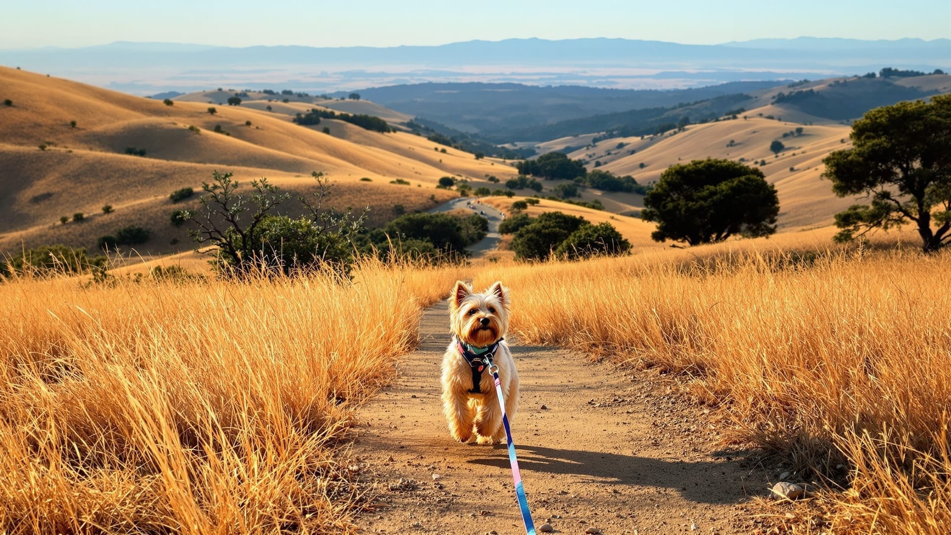 A Cairn Terrier on a trail through golden California hills dotted with oaks
