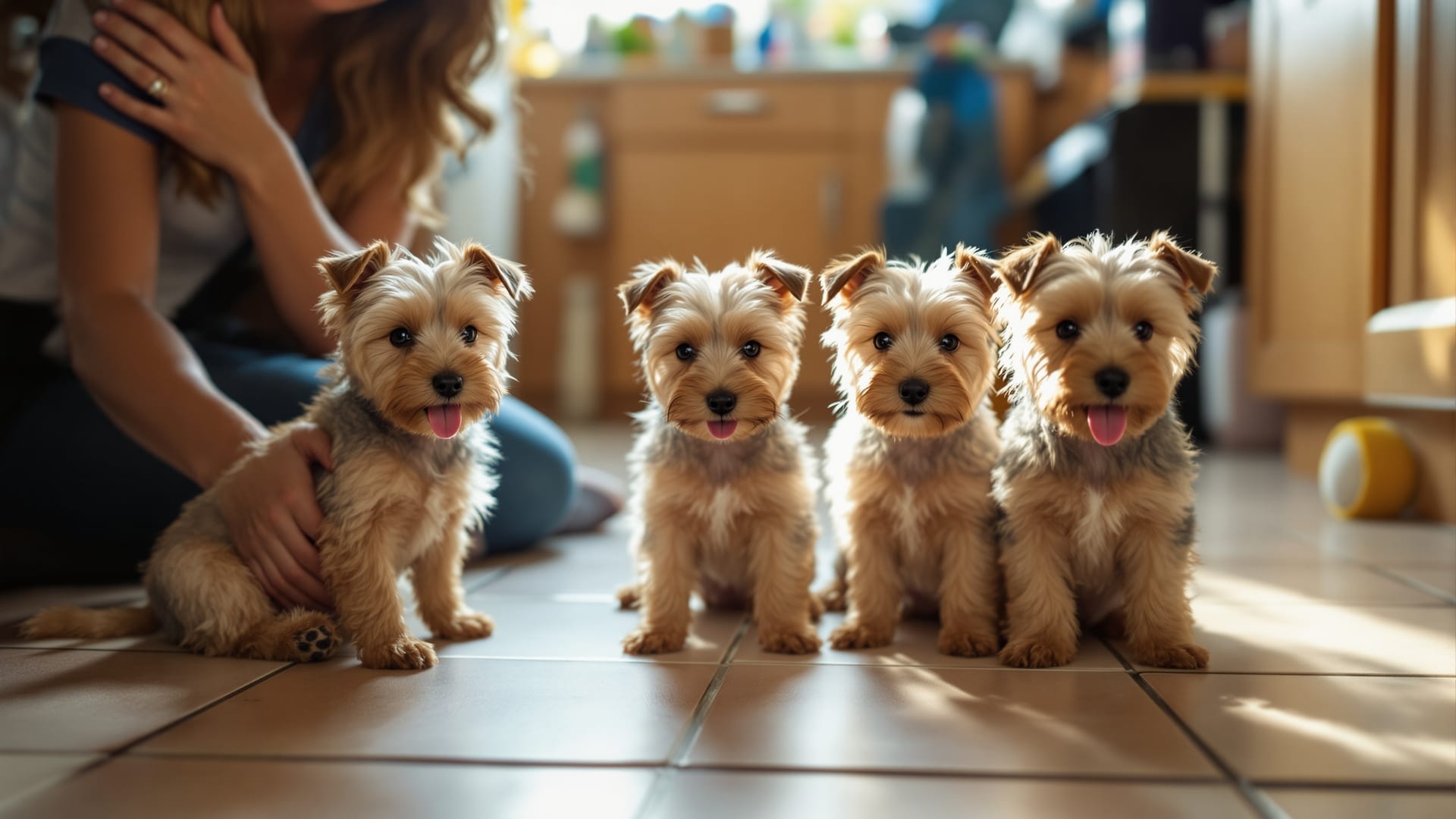 Cairn Terrier puppies with their mother in a home kitchen