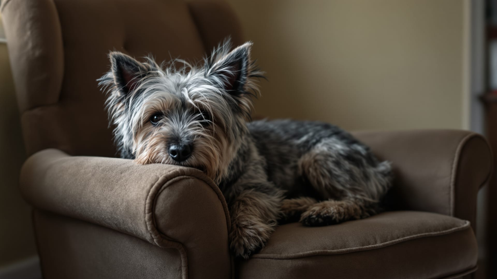 An older Cairn Terrier settled comfortably on an armchair in a home