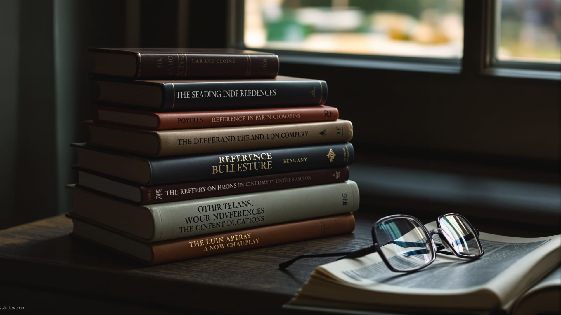 Worn reference books stacked on a wooden table by a window