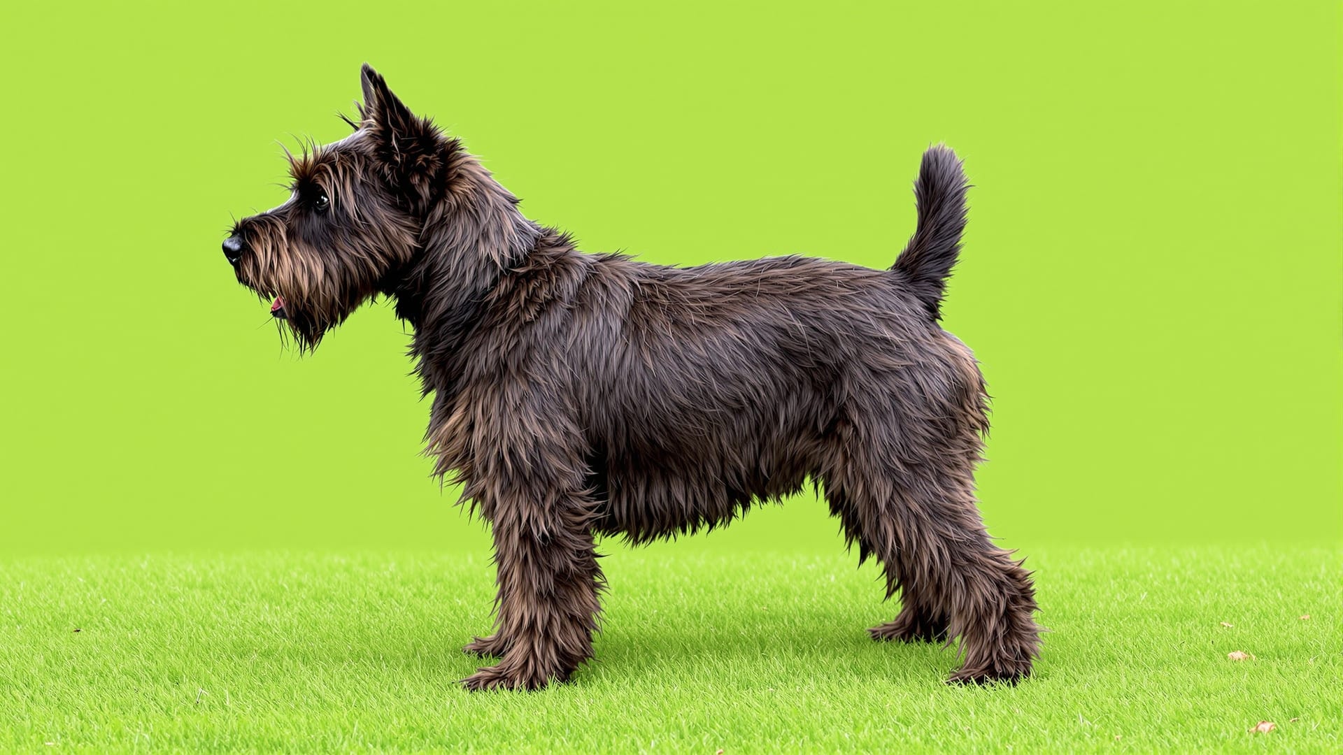 A dark brindle Cairn Terrier standing in profile showing correct outline and proportion