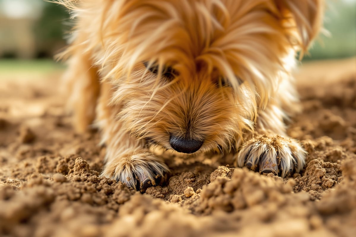 A Cairn Terrier digging enthusiastically in garden soil