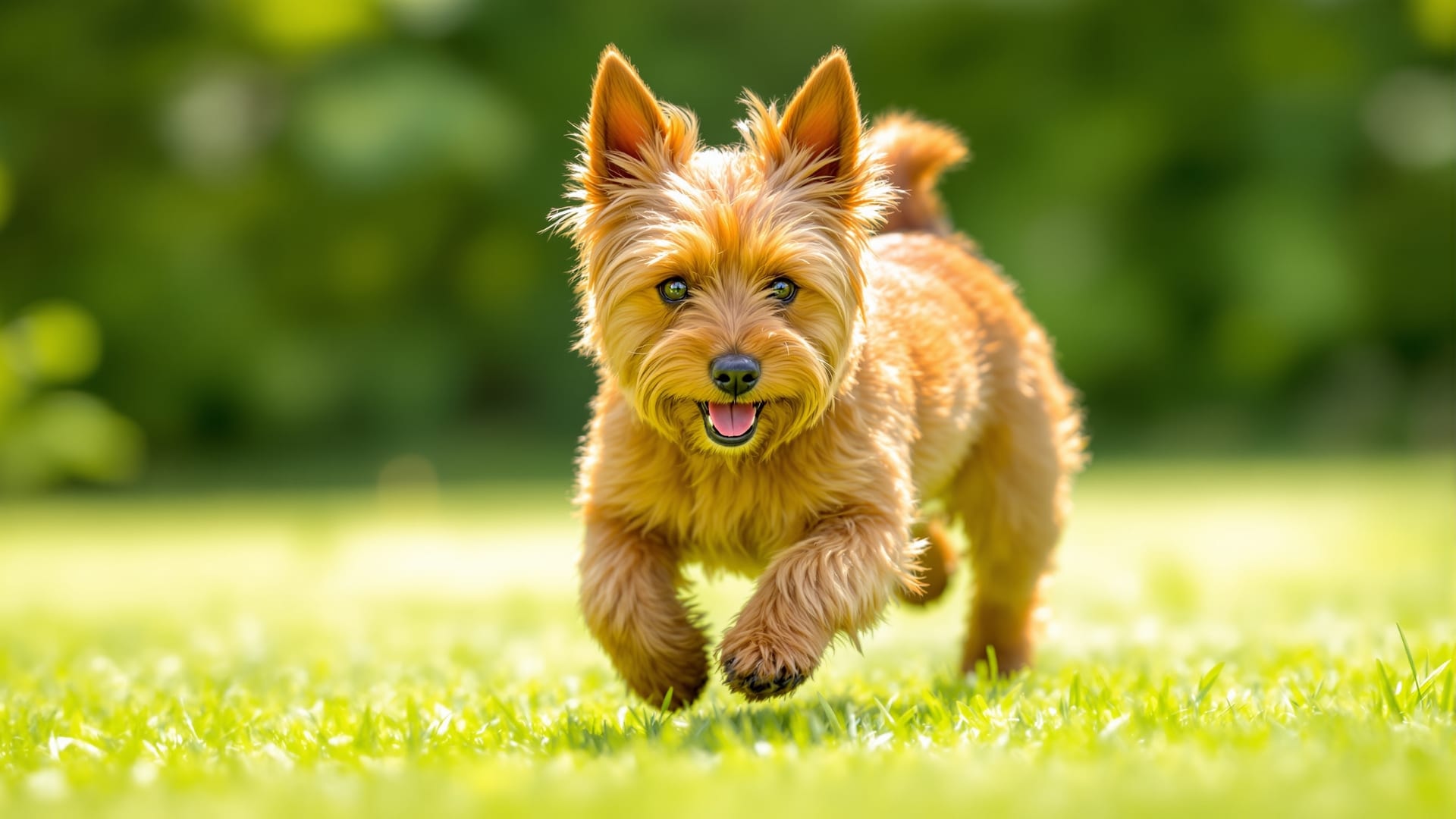 A red Cairn Terrier at full attention running across a sunlit lawn