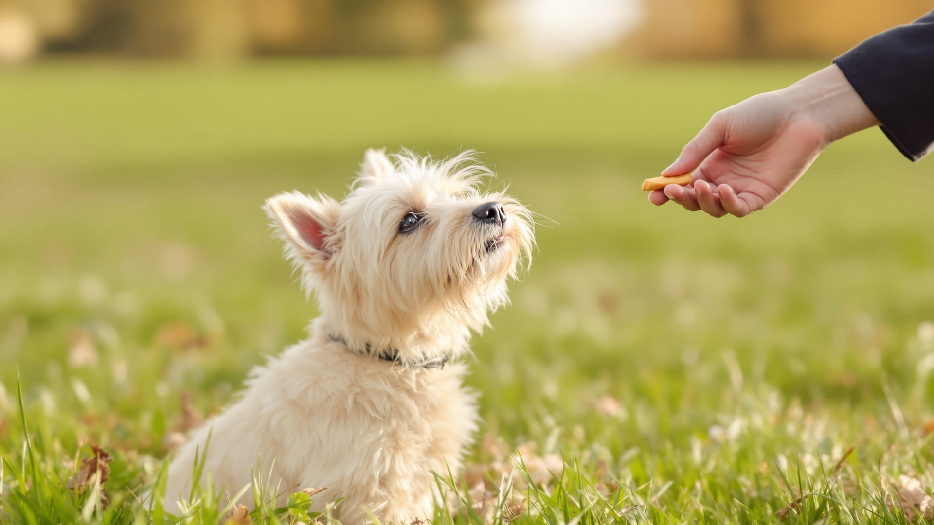 A cream Cairn Terrier sitting attentively during a reward-based training session