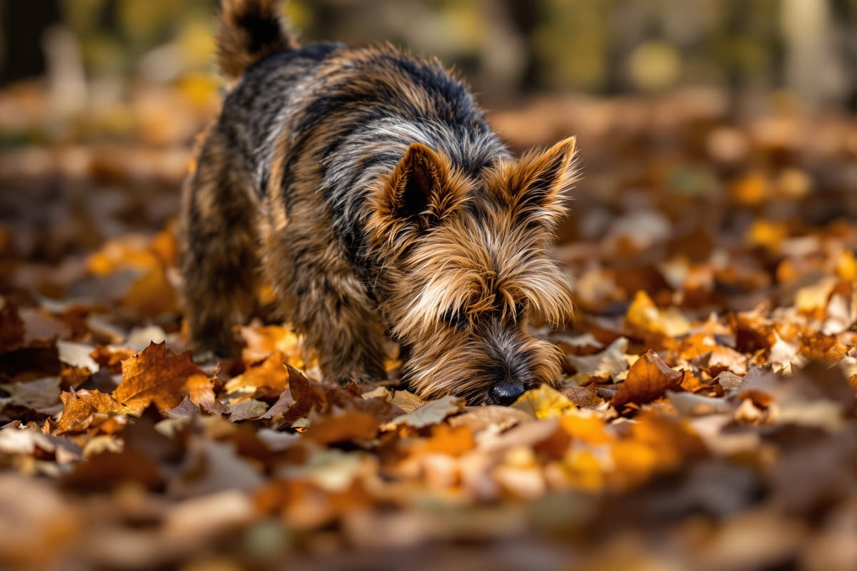 A brindle Cairn Terrier searching intently through leaf litter